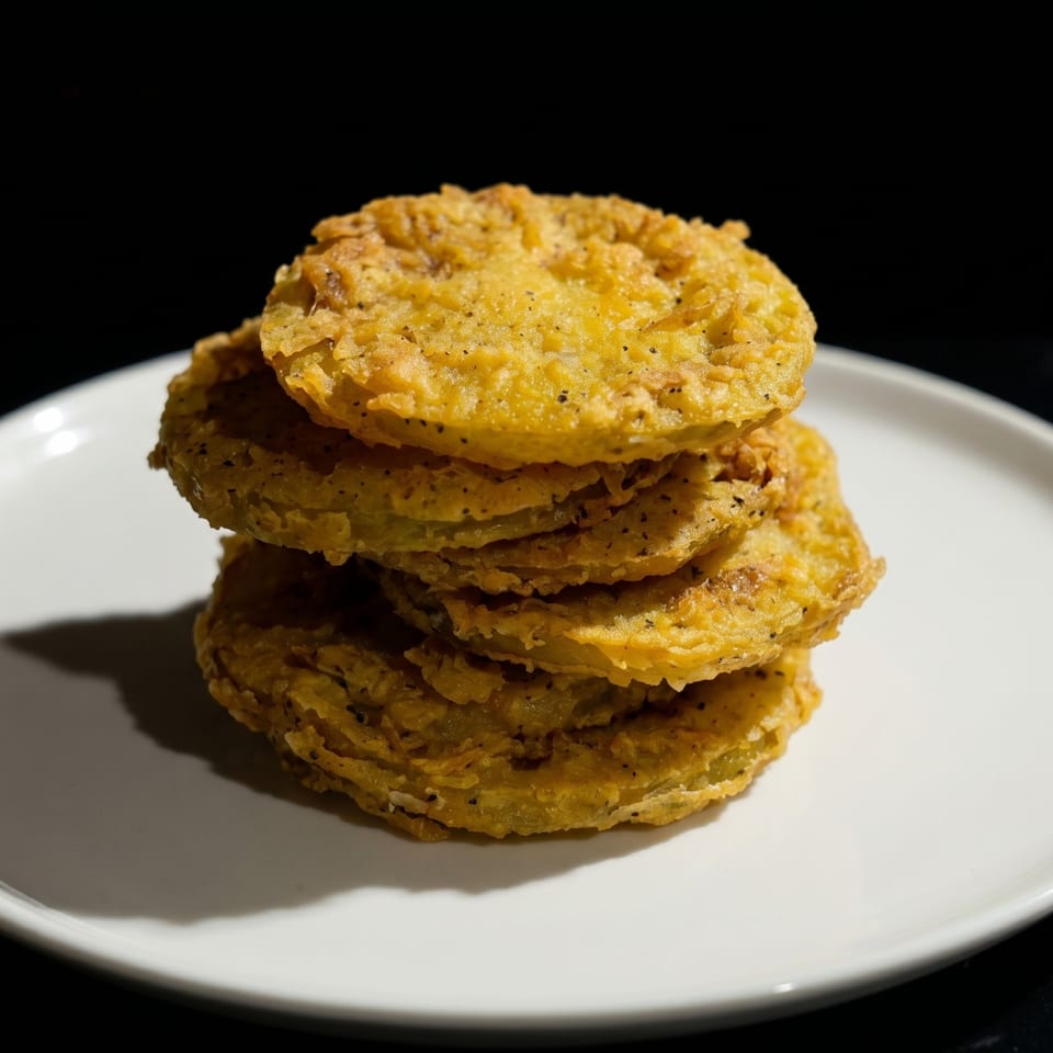 A stack of golden-brown fried green tomatoes on a white plate against a dark background.