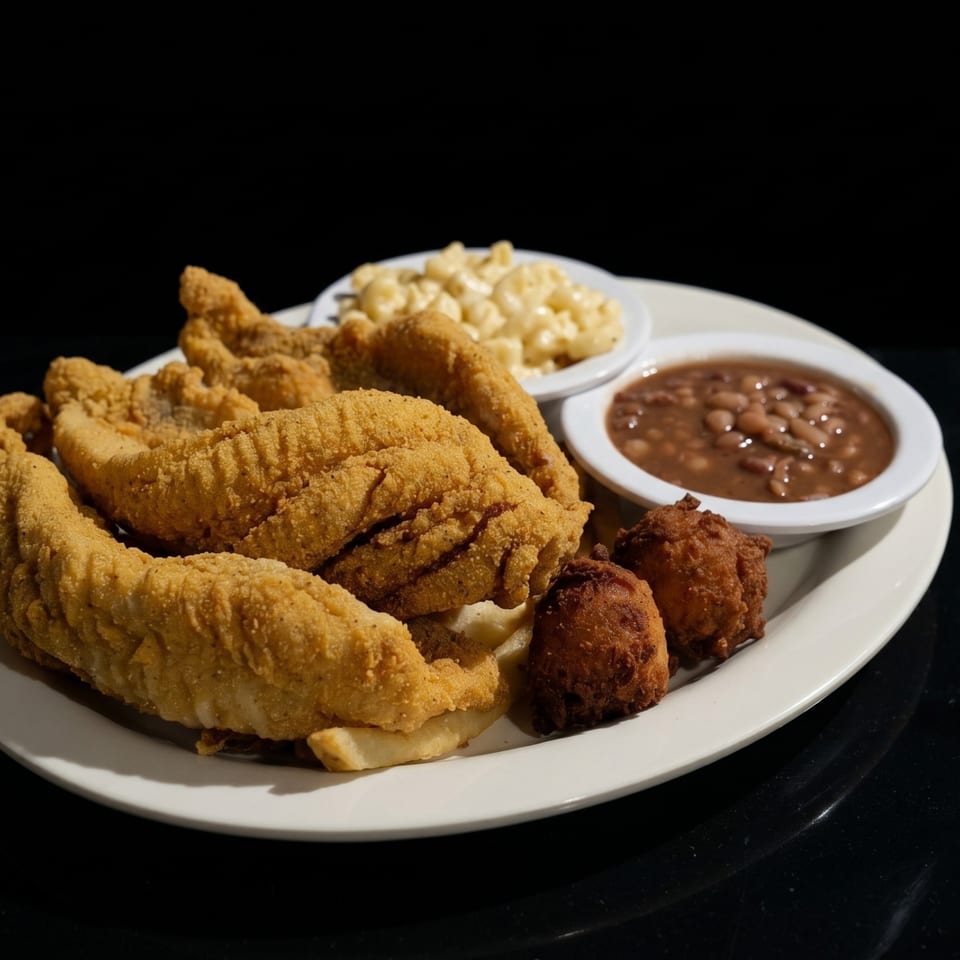 Fried catfish fillets, hush puppies, french fries, baked beans, and macaroni and cheese on a white plate.