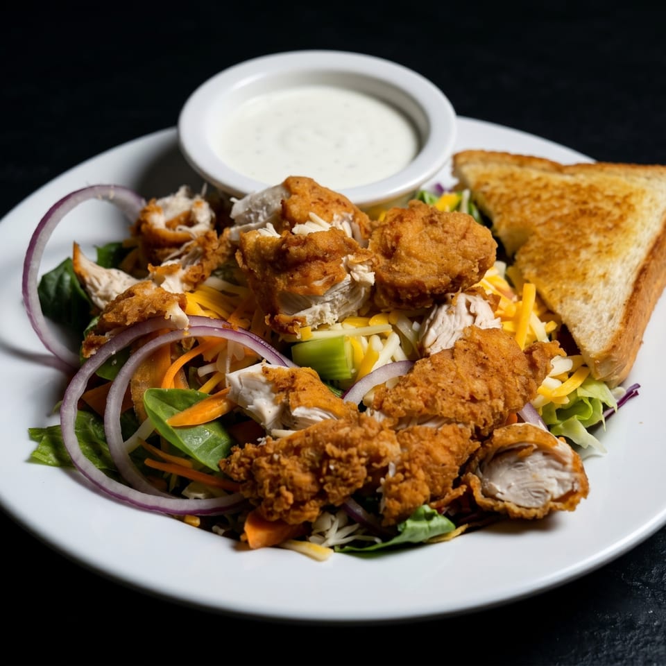 Crispy chicken salad with mixed greens, cheese, red onion, carrots, dressing, and toast.