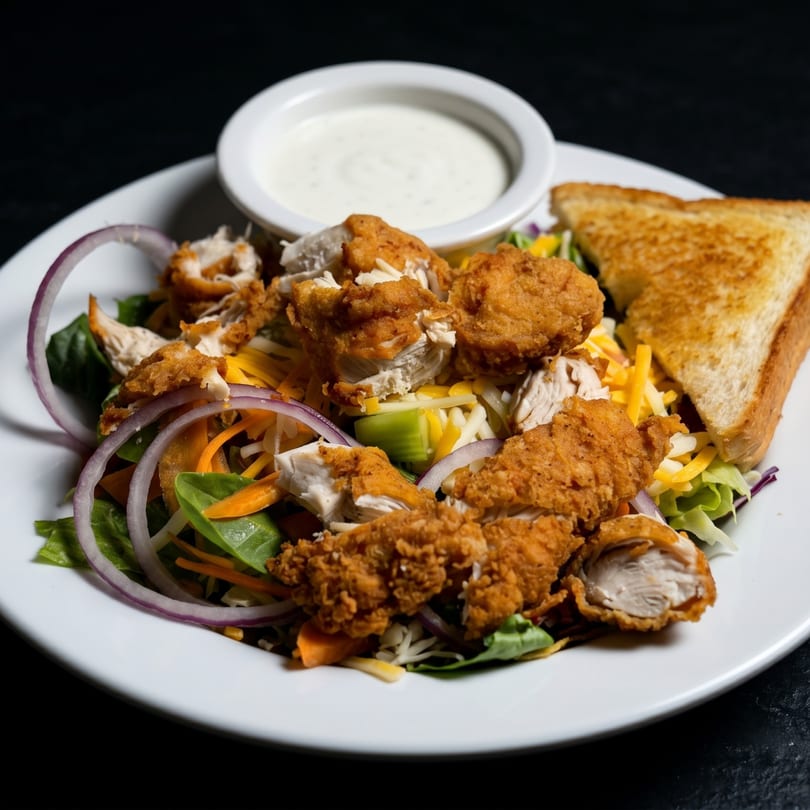 Crispy chicken salad with mixed greens, cheese, red onion, carrots, dressing, and toast.