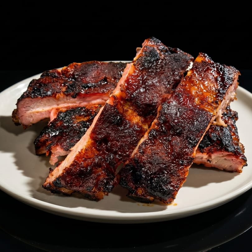 Close-up of several glistening, charred BBQ ribs on a white plate against a dark background.