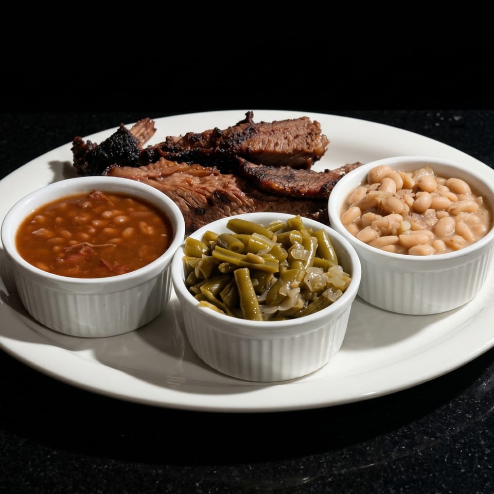 Platter of sliced brisket with sides of baked beans, green beans, and white beans.