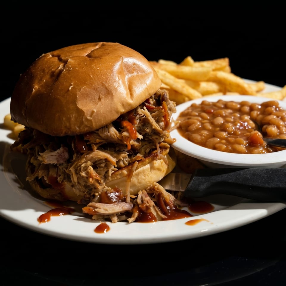Pulled pork sandwich with barbecue sauce, a side of baked beans, and french fries.
